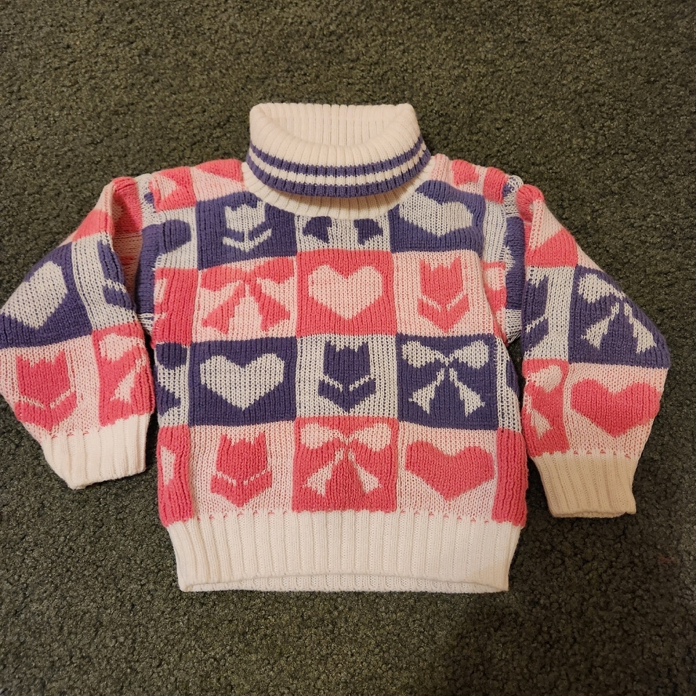 Vtg Park Bench Kids Girl's Turtleneck Sweater Pink Purple 80s Vibe Patchwork